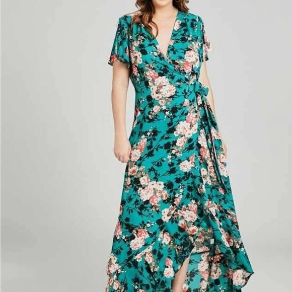 A’Beautiful soul Blue and Green Maxi Wrap Dress with Flutter Sleeves 14/16 A - Picture 1 of 1